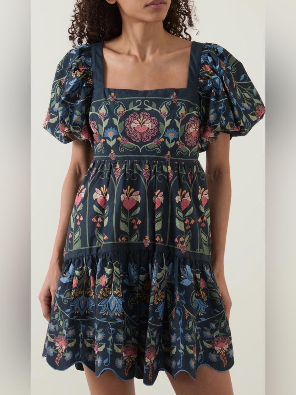 Farm Rio Black Floral Puff Sleeve Tiered Mini Dress Pockets XL NWOT